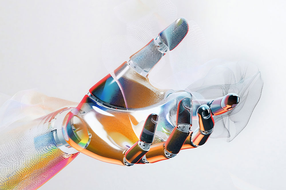 Vor hellem Hintergrund ist eine glänzende, mehrfarbige Roboterhand zu sehen, die leicht nach vorne geöffnet ist. Die künstliche Hand wirkt transparent und metallisch zugleich, feine Strukturen und schimmernde Farben erinnern an digitale Technologien