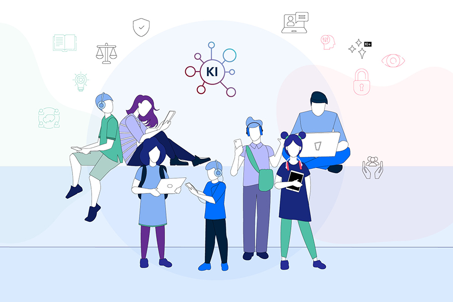Illustration einer Gruppe junger Menschen, die mit Laptop, Tablet und Smartphone arbeiten. Über ihnen ist ein Symbol für Künstliche Intelligenz (KI) mit vernetzten Punkten dargestellt, im Hintergrund schweben abstrakte Icons zu Themen wie Datenschutz, Eth